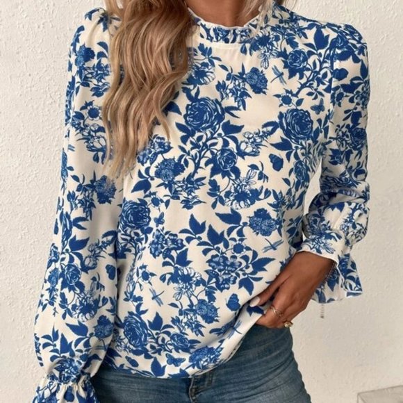 Boho blue long flounced sleeved Floral Print Blouse top plus or reg size - Picture 1 of 7